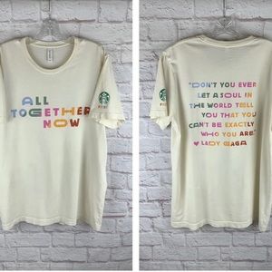 a Starbucks and Lady Gaga shirt.